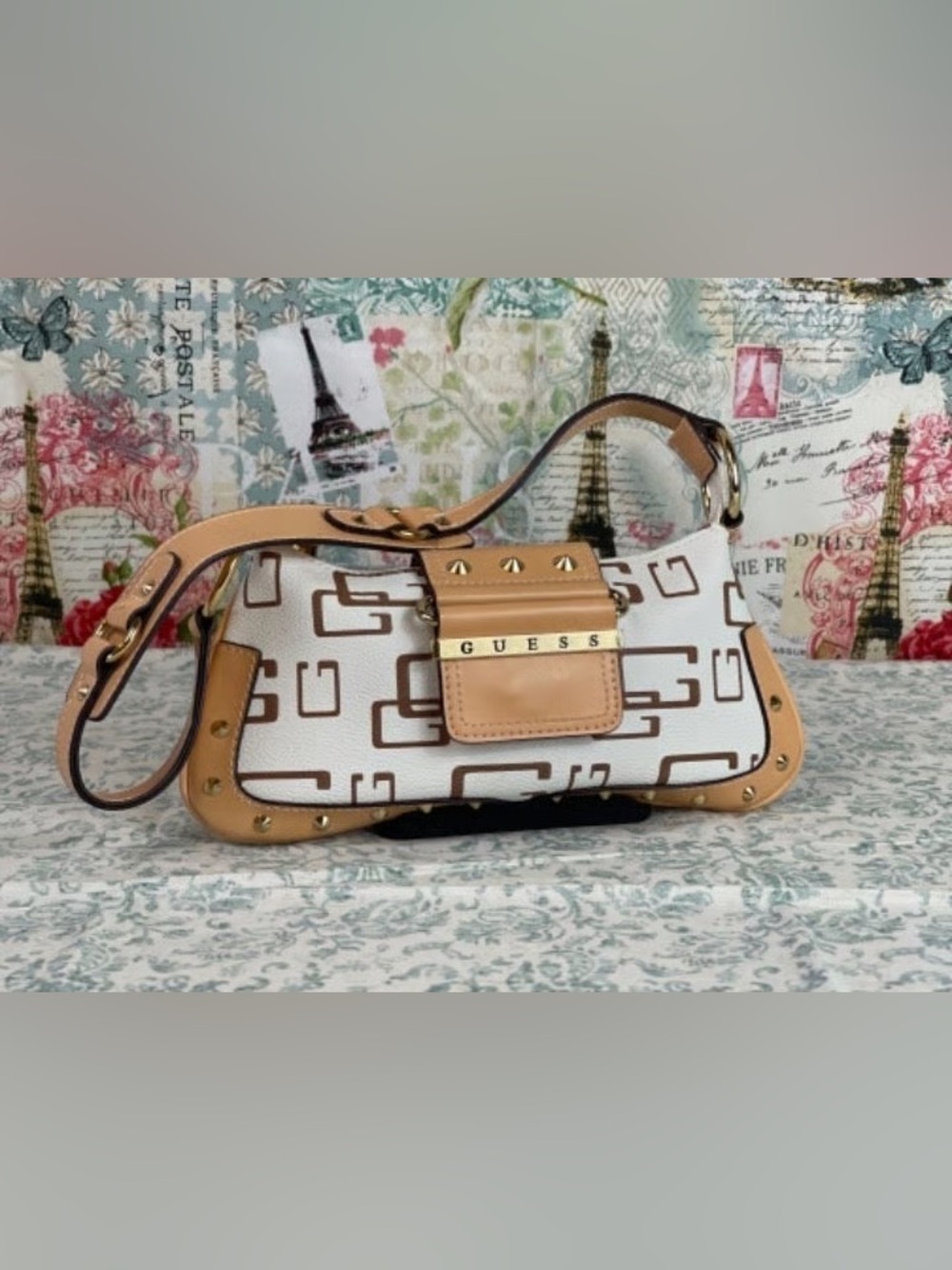 GUESS White & Tan Logo-Print Shoulder Bag with Gold Hardware